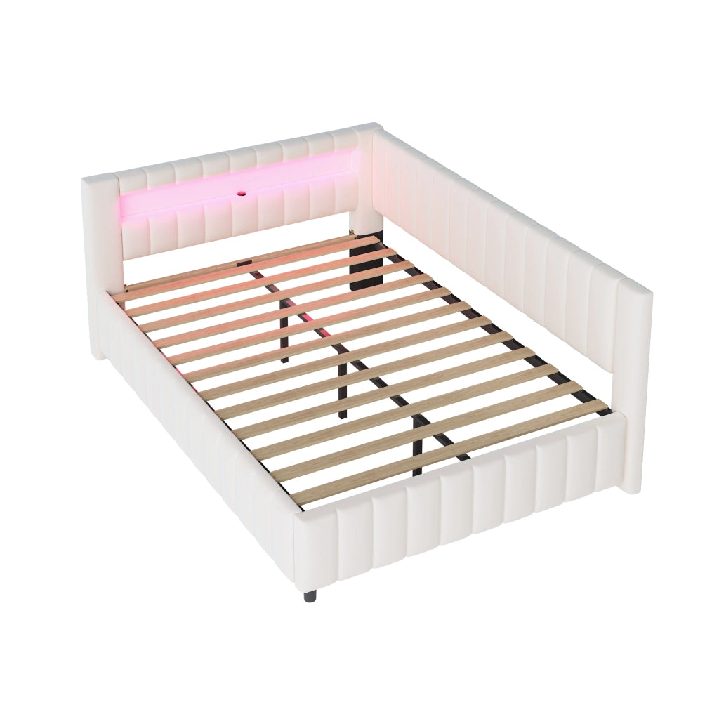 Letto contenitore 140 x 200 cm con LED e USB, rete a doghe, velluto beige, per camera da letto