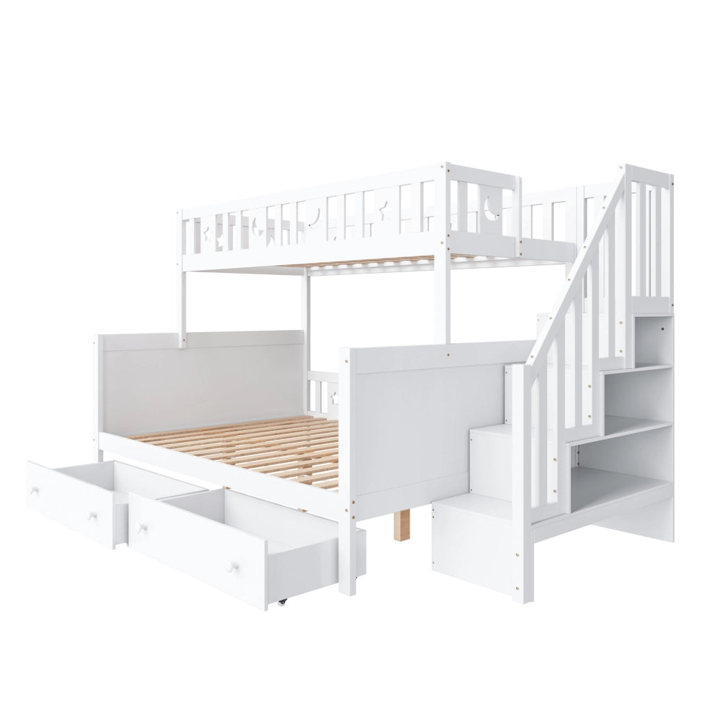 Letto a castello per bambini 90x200/140x200 cm con scala contenitore e cassetti bianco