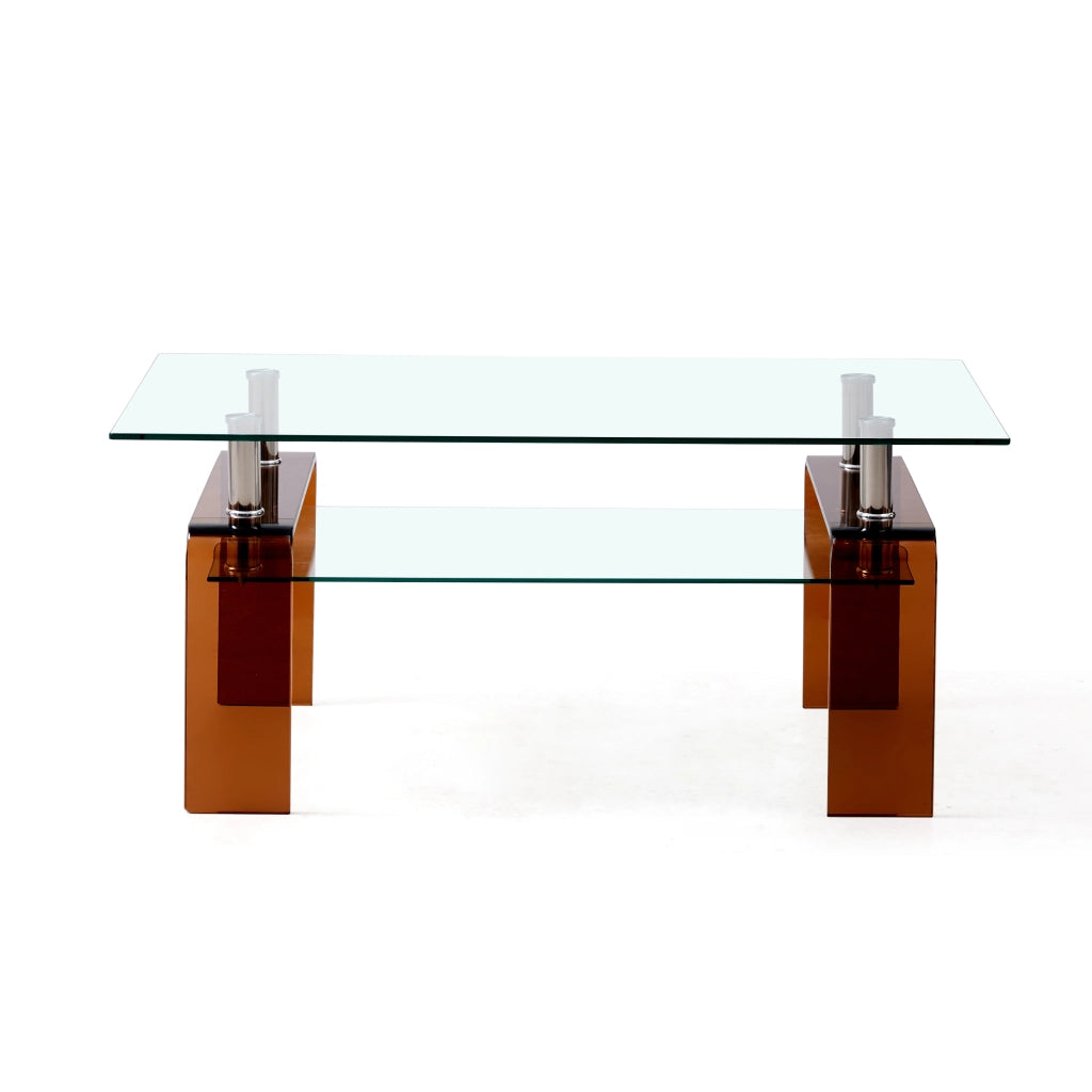 Tavolino basso a due ripiani in vetro temperato con struttura in metallo trasparente per soggiorno 100 × 55 × 45 cm