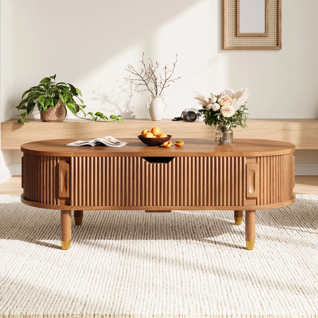 Desviae Tavolino basso ovale con piano sollevabile idraulico e ante scorrevoli MDF noce con piedi in legno 110 × 48 × 57 cm