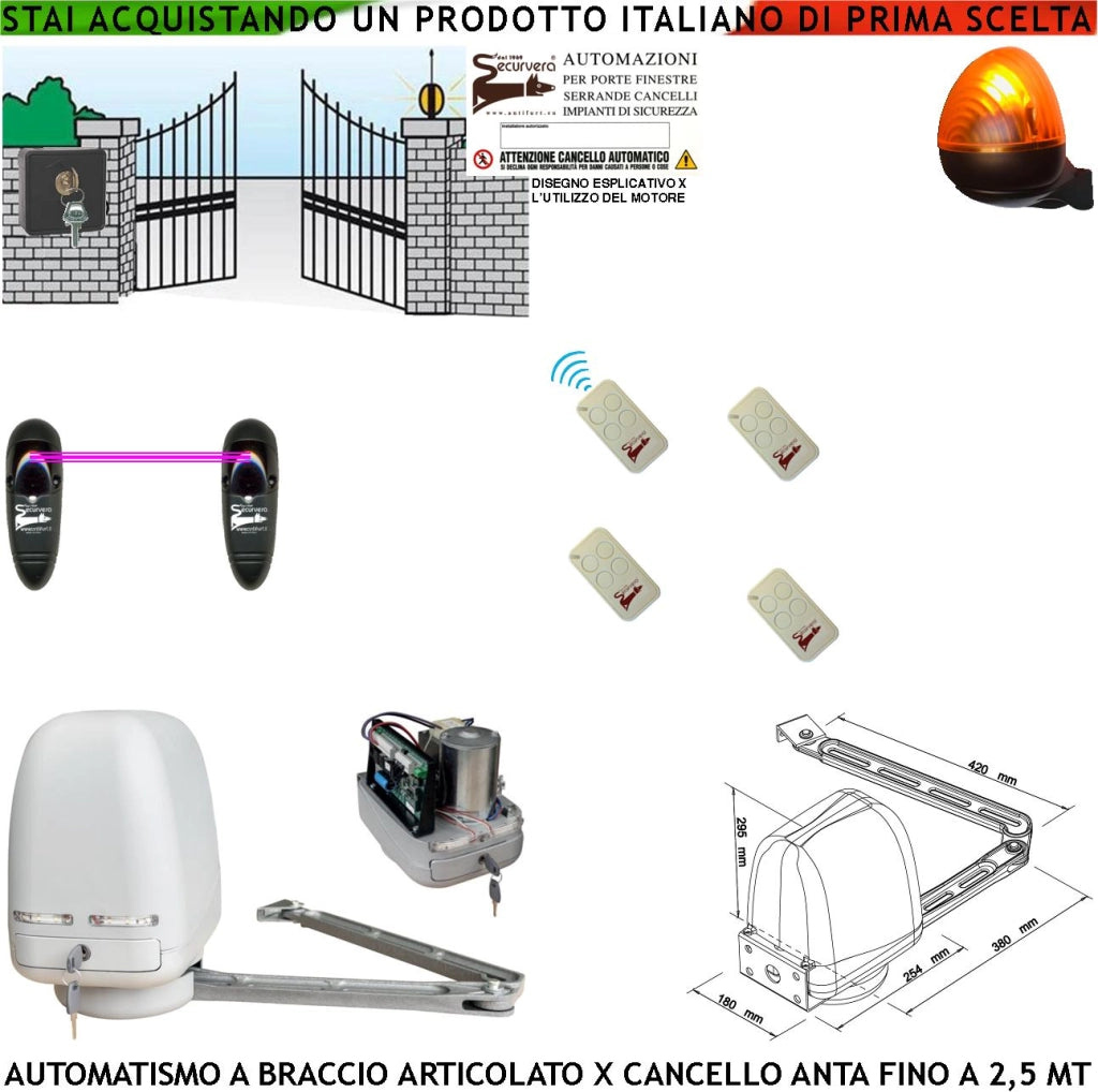 AUTOMAZIONE CANCELLO MOTORE A BRACCIO ARTICOLATO 220/24 V ANTA BATTENTE DA 0,5 A 2,5 MT CENTRALE 4 RADIOCOMANDI FARO SELETTORE 2 FOTOCELLULE