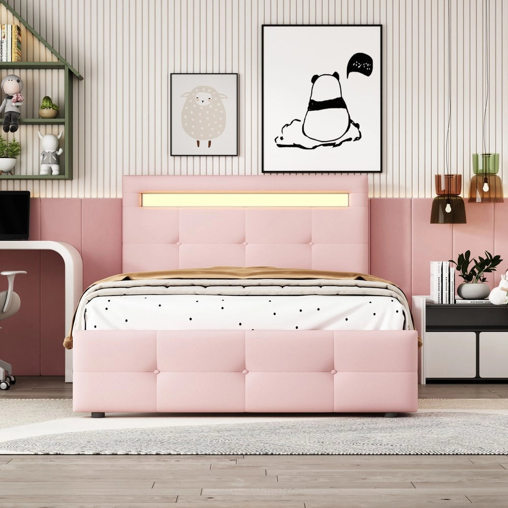 Letto Singolo Imbottito con LED e Cassetti ¨C MINIMAL ¨C Rosa, 90x200