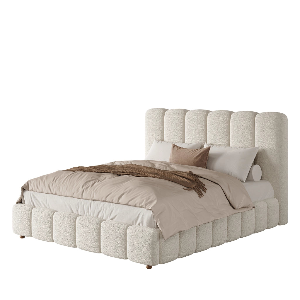 Letto contenitore 140 x 200 cm in tessuto boucl¨¦ bianco, matrimoniale imbottito idraulico con rete a doghe e ampio contenitore, testiera trapuntata