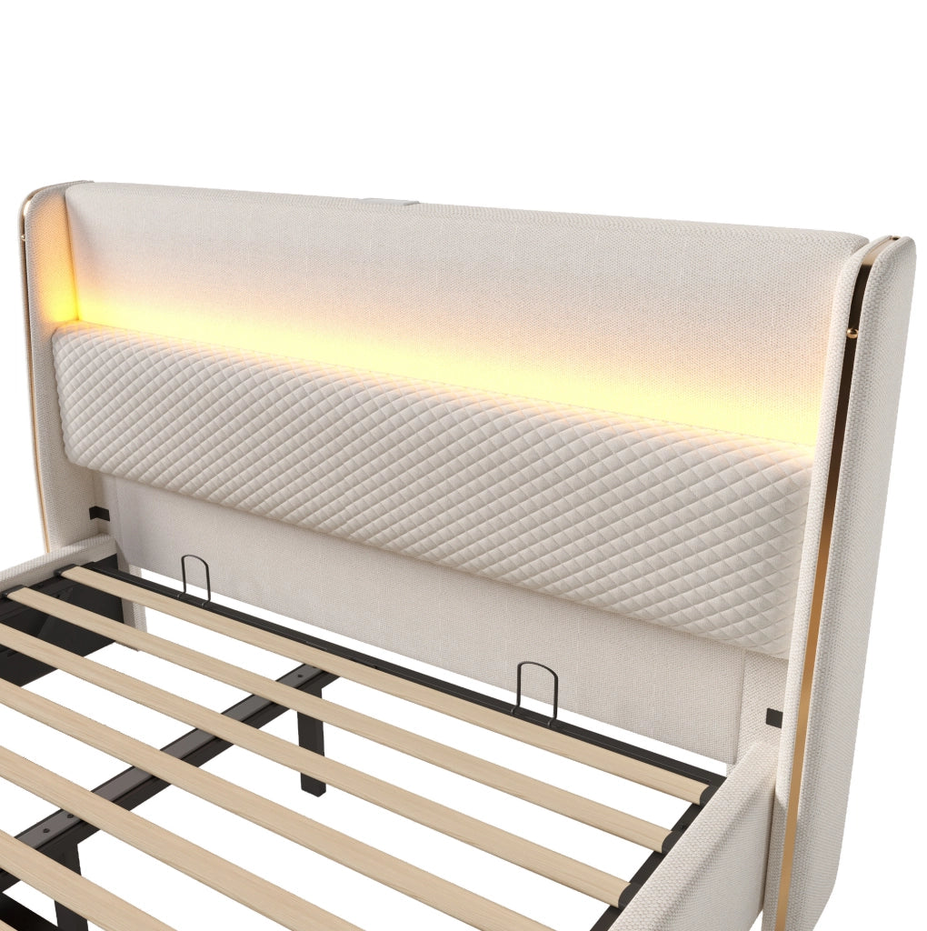Letto contenitore 160x200 cm beige con LED, USB e Type-C