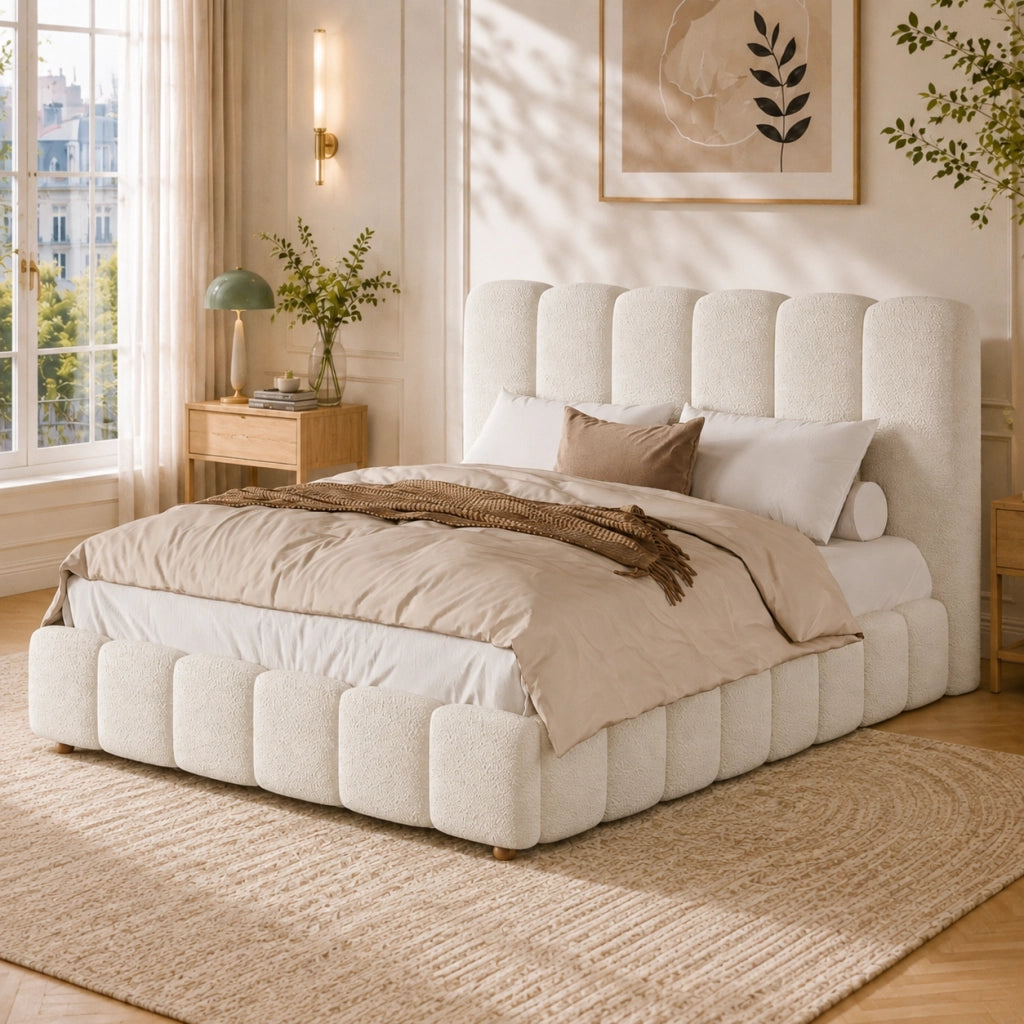 Letto contenitore 140 x 200 cm in tessuto boucl¨¦ bianco, matrimoniale imbottito idraulico con rete a doghe e ampio contenitore, testiera trapuntata