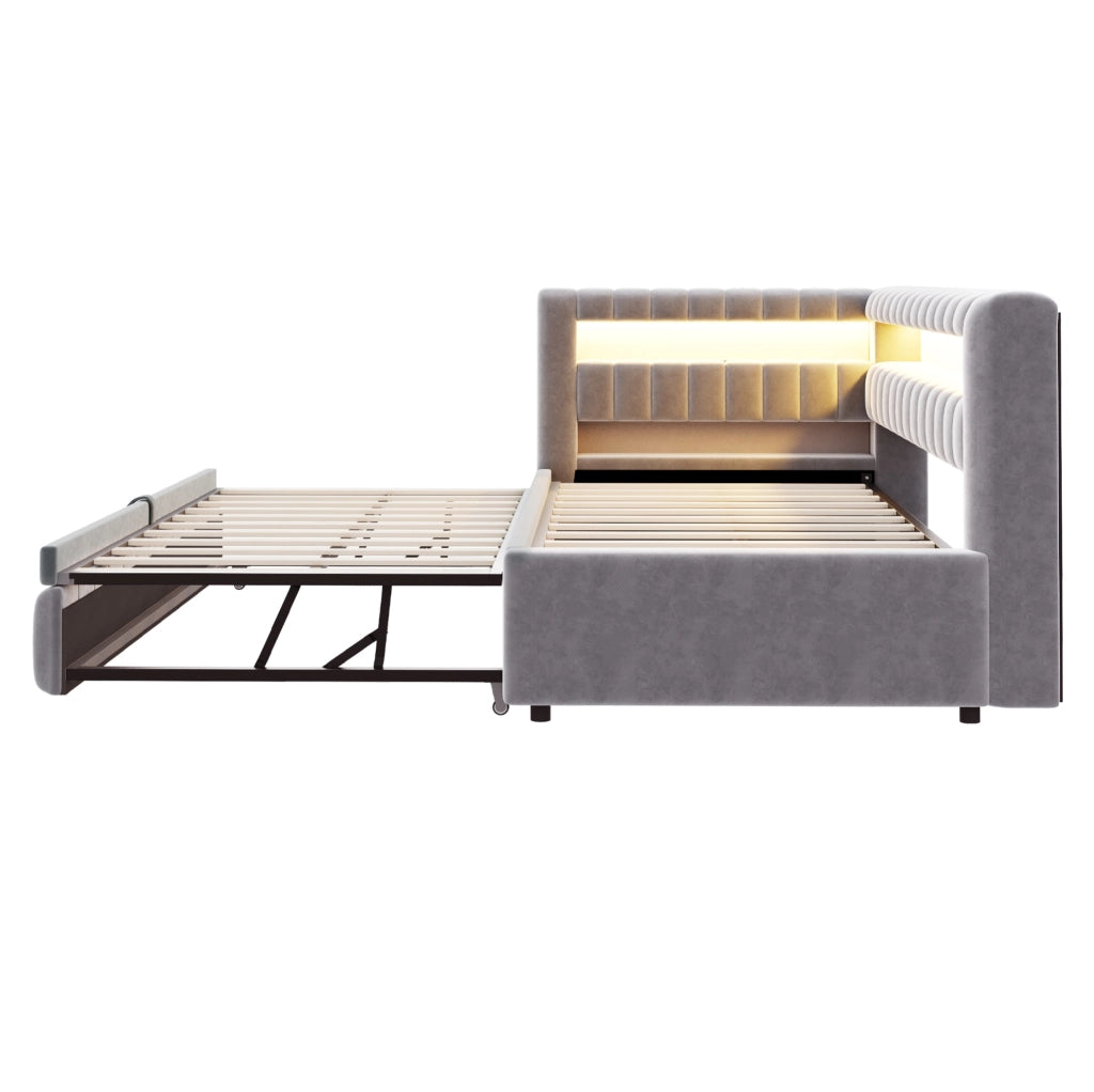 Letto imbottito trasformabile 90x200 cm con LED; USB e ripiani integrati; velluto grigio chiaro