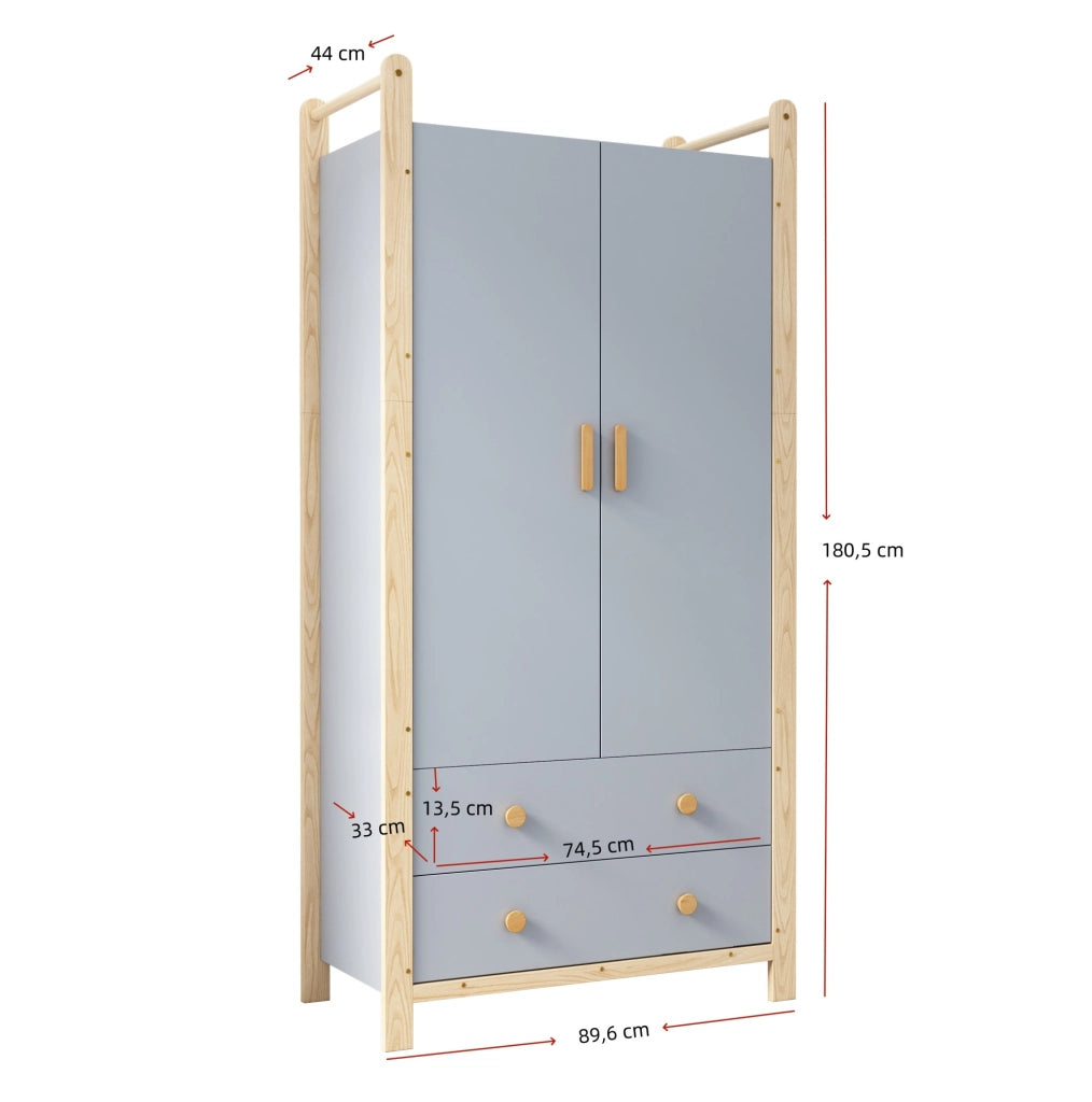 Armadio a 2 ante con asta appendiabiti e 2 cassetti in legno e MDF blu; colore naturale
