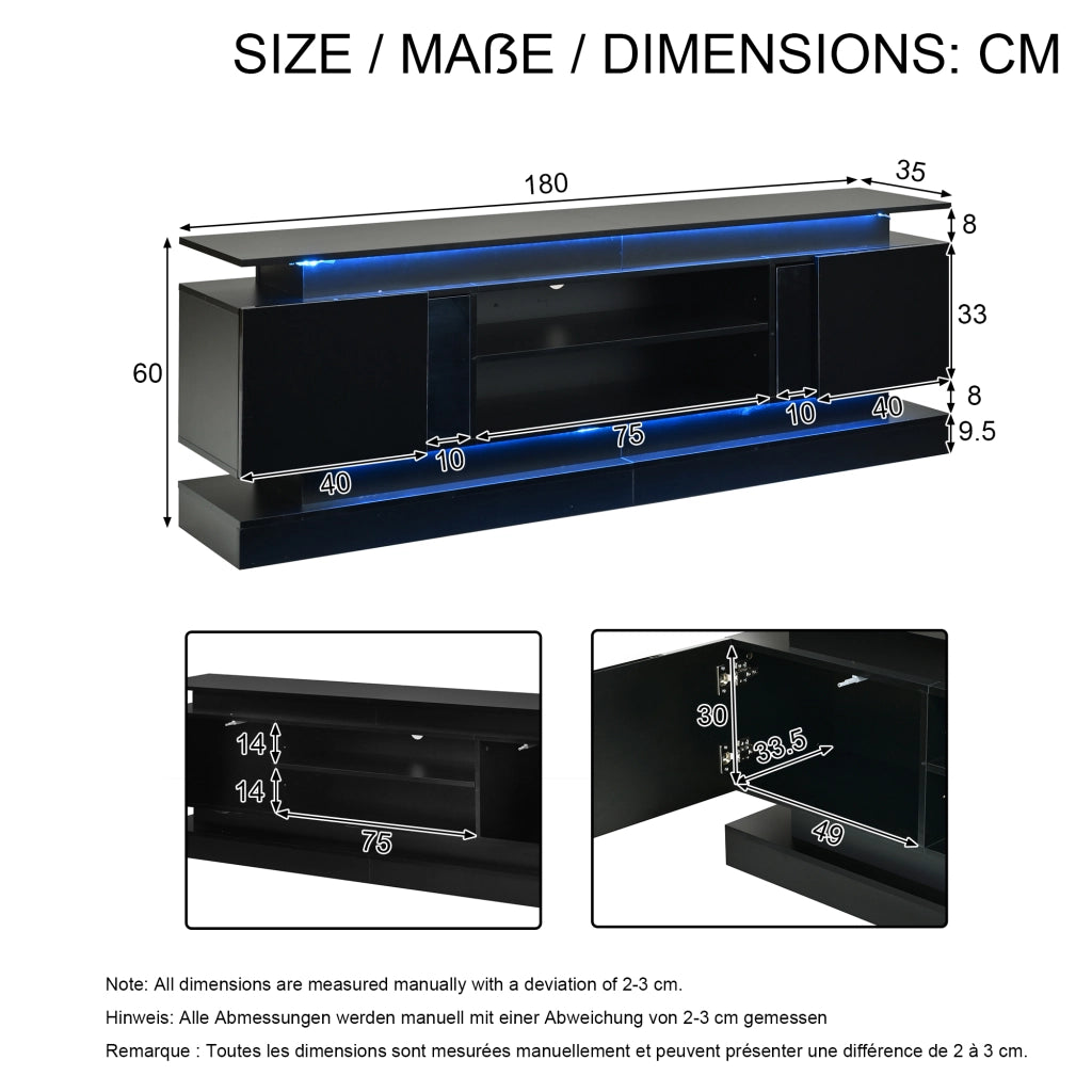 Mobile TV 180 × 35 × 60 cm con 2 ante push to open e LED RGB Bluetooth in MDF nero lucido