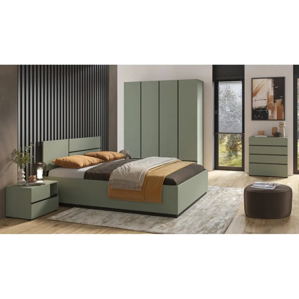 Camera completa HAVANA - Colori salvia e nero - Armadio, letto 180x200, cassettiera e comodini - Set design e funzionale