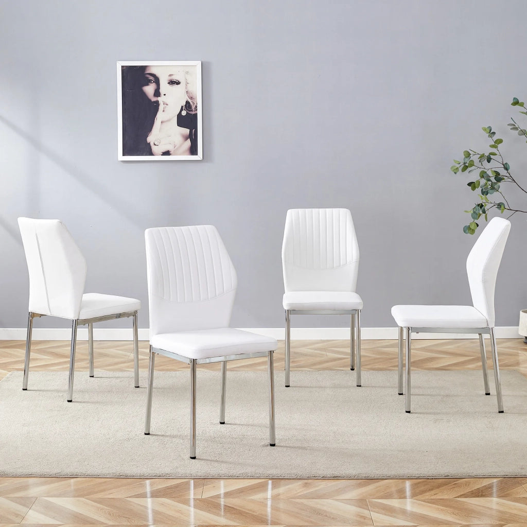 Set 4 sedie da pranzo stile lusso leggero, schienale bianco in PU con trama verticale, gambe in metallo argento. Ideali per sala da pranzo o soggiorno.