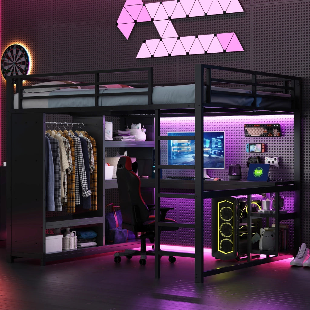 Letto a soppalco da gaming 160x200 struttura in metallo nero con scrivania e armadio a vista