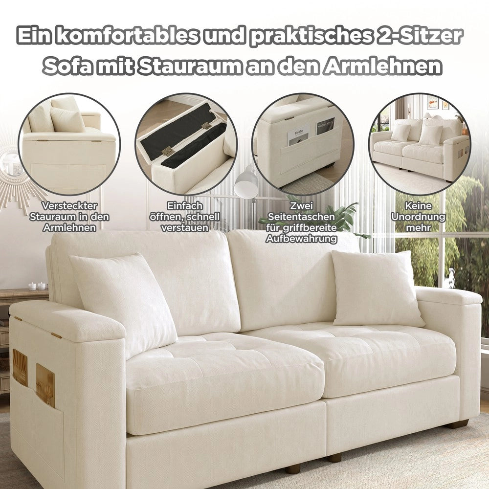 Divano 2 posti con contenitore ¨C Minimal ¨C Beige tessuto imbottito con cuscini