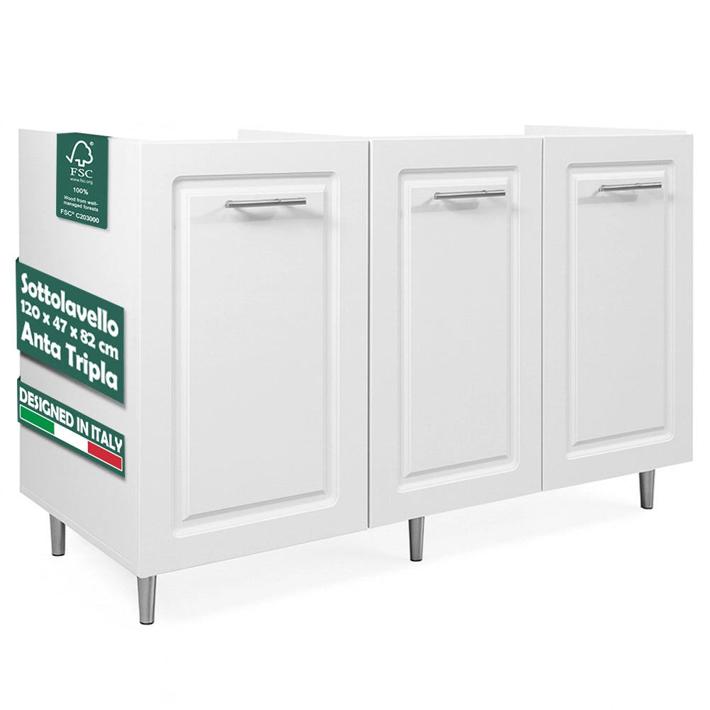 Mobile Sottolavello Cucina Componibile in Legno Boiserie Colore Bianco 3 Ante