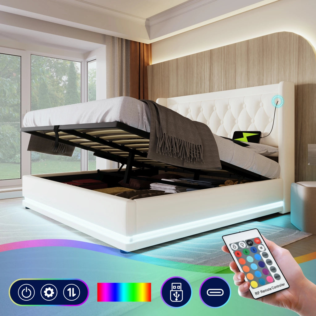 Letto Contenitore 140x200 cm; Matrimoniale - USB; Type-C; LED 3 lati - PU Bianco