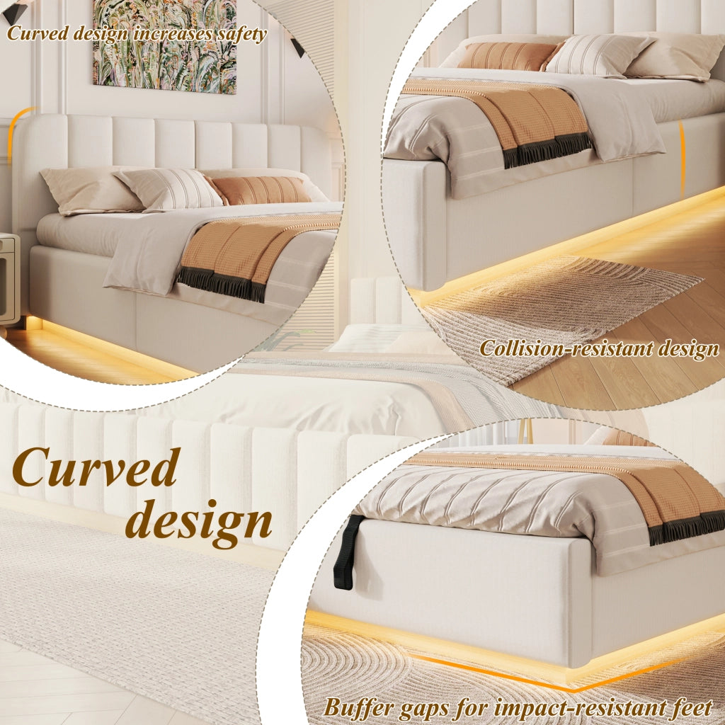 Letto contenitore imbottito in ciniglia 140 x 200 cm, letto matrimoniale con contenitore idraulico, LED, testiera trapuntata e rete a doghe, beige