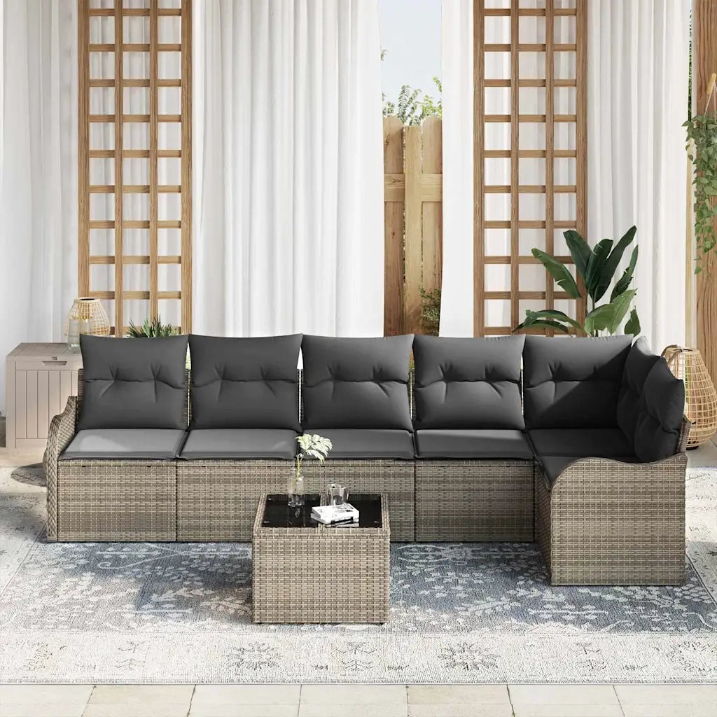 Set Divano da Giardino con cuscino 7 pcs Nero Poly Rattan