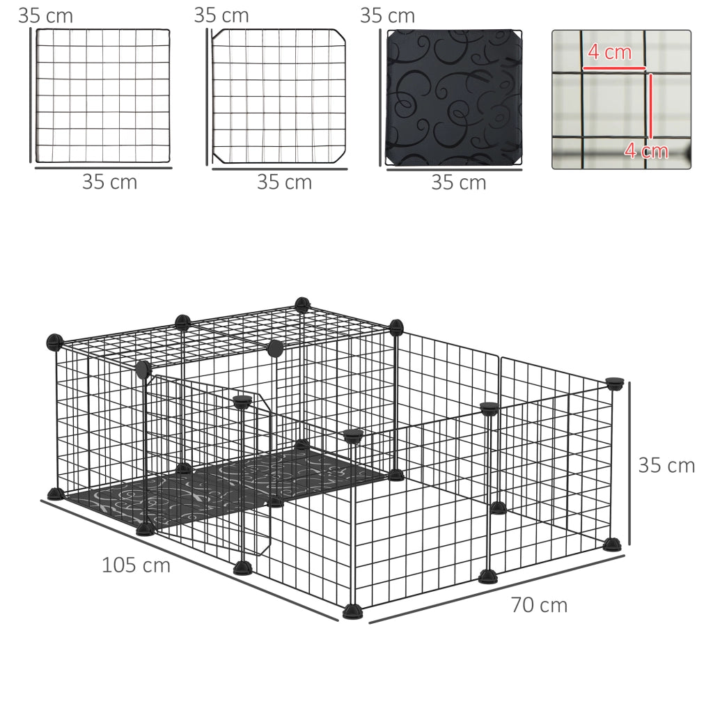 Recinto per Conigli e Porcellini d'India Modulabile con Accessori Montaggio, 105x70x35cm - Nero