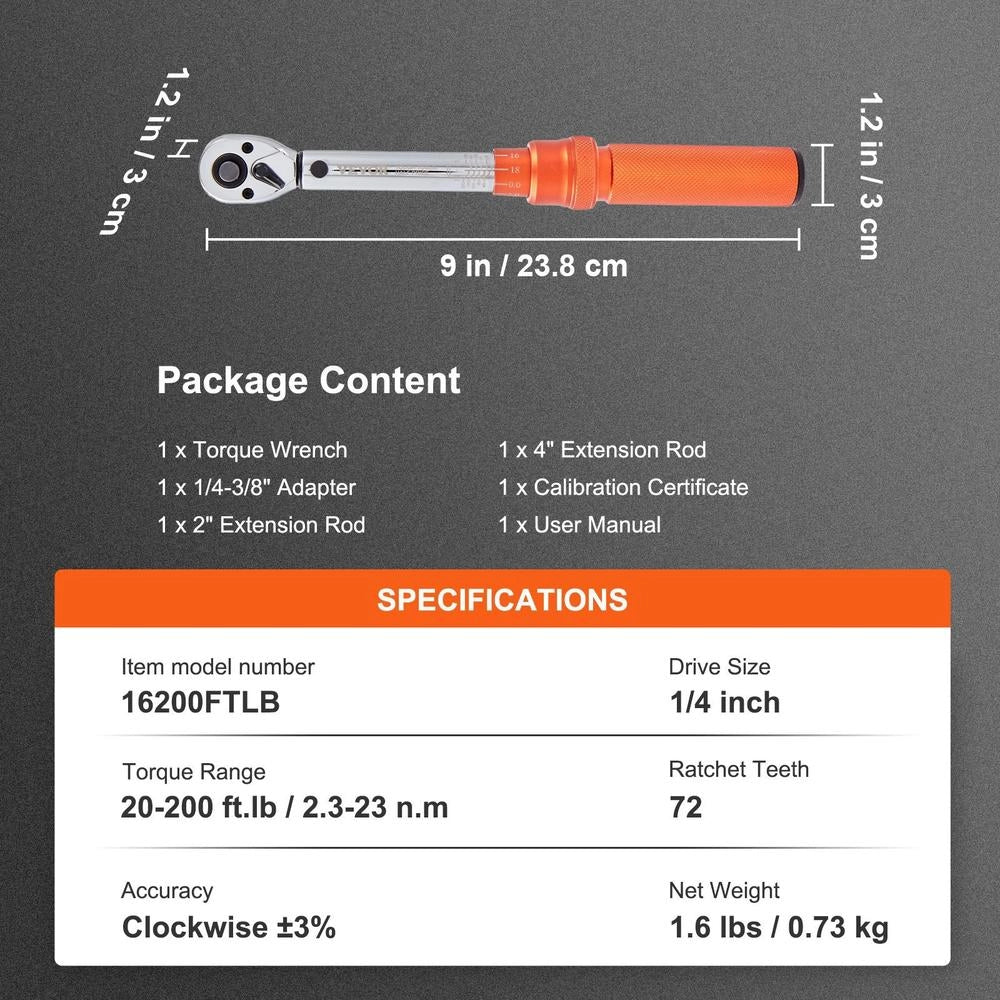 Torque Wrench 6.35 Mm, 2.3–23 Nm, Bicycle & Motorcycle Torque Wrench Set, ± 3% Accuracy, 2 Extension Rods 127 & 76.2 Mm, 12.7 Mm-6.35 Mm Adapter, 72-tooth Adjustable Ratchet Head