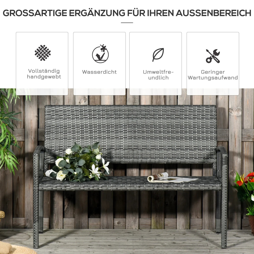 Panca da giardino in rattan sintetico con struttura in acciaio, per 2 persone, colore grigio, portata fino a 320 kg