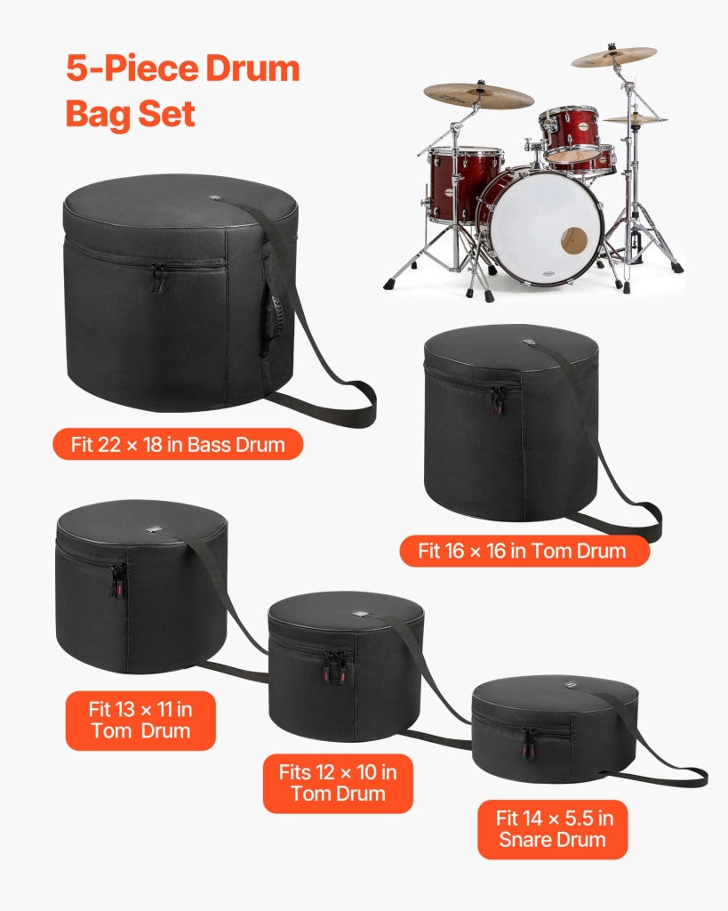Set 5 Pezzi Borse Imbottite per Batteria e Accessori DJ CCH-YQ001 in Tessuto 600D con Divisori Regolabili Custodie Protettive Leggere e Impermeabili