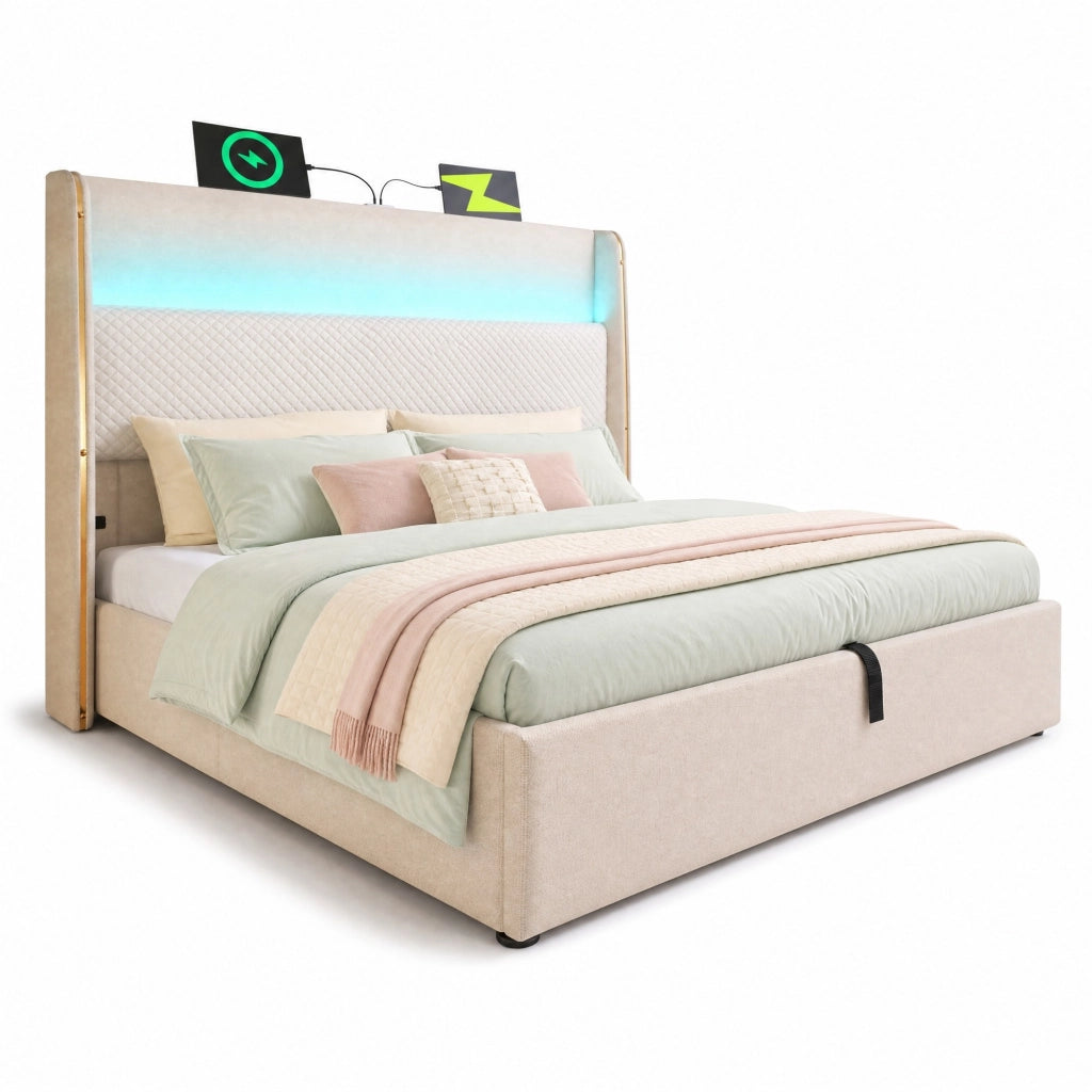 Letto contenitore 160x200 cm beige con LED, USB e Type-C