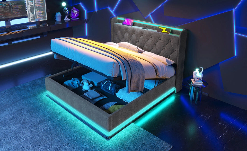 Letto Polsterato 140x200 cm con Illuminazione LED 360°, Tessuto di Lino Grigio, Testiera con Ricarica USB Tipo-C, Contenitore Idraulico (Senza Materasso)