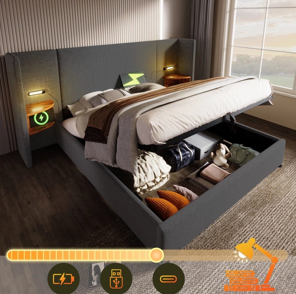 Letto matrimoniale 180x200 grigio con contenitore, luce LED, USB e Type-C