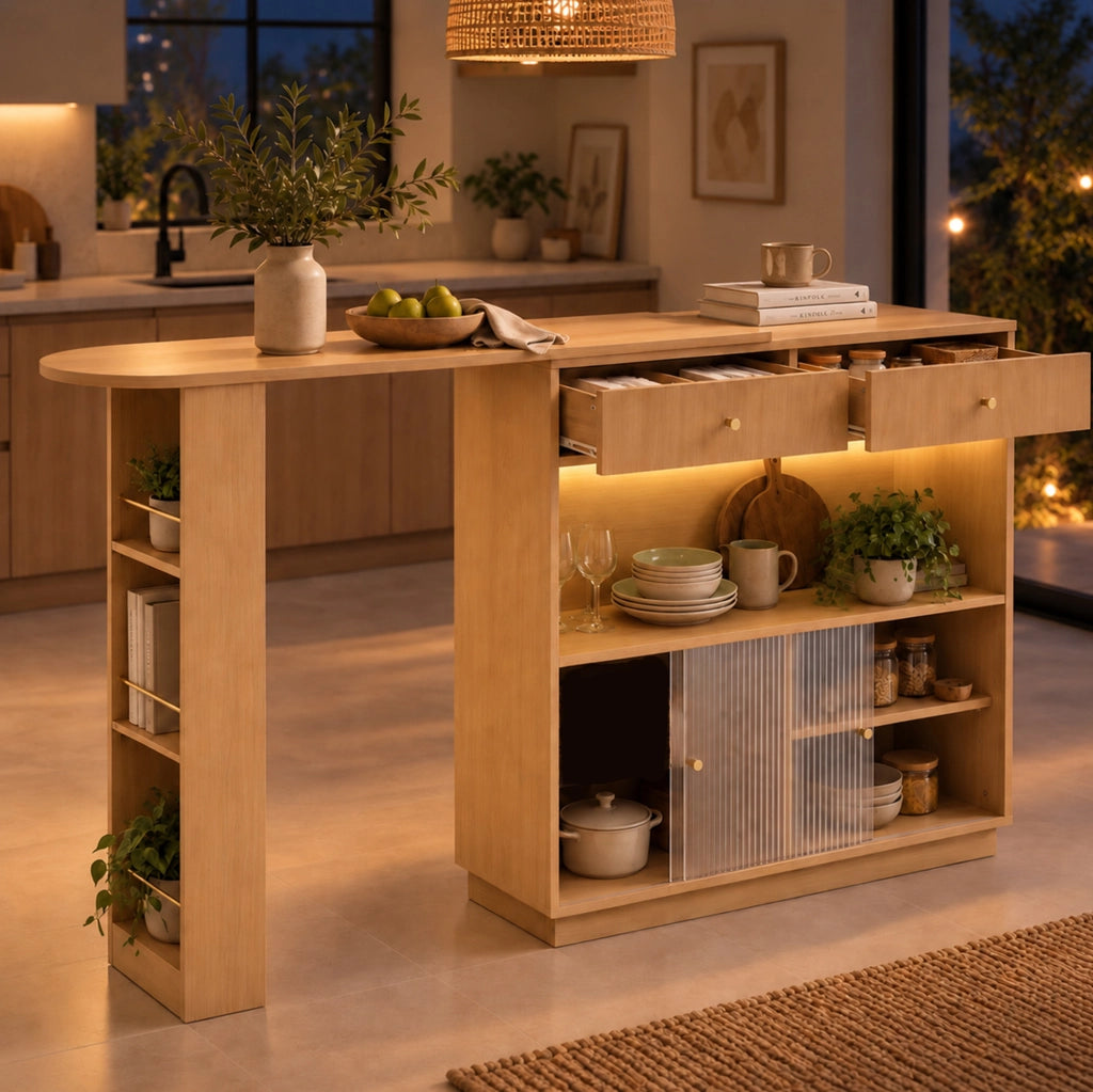 Isola da cucina con bancone girevole 360° e LED in truciolare; colore rovere