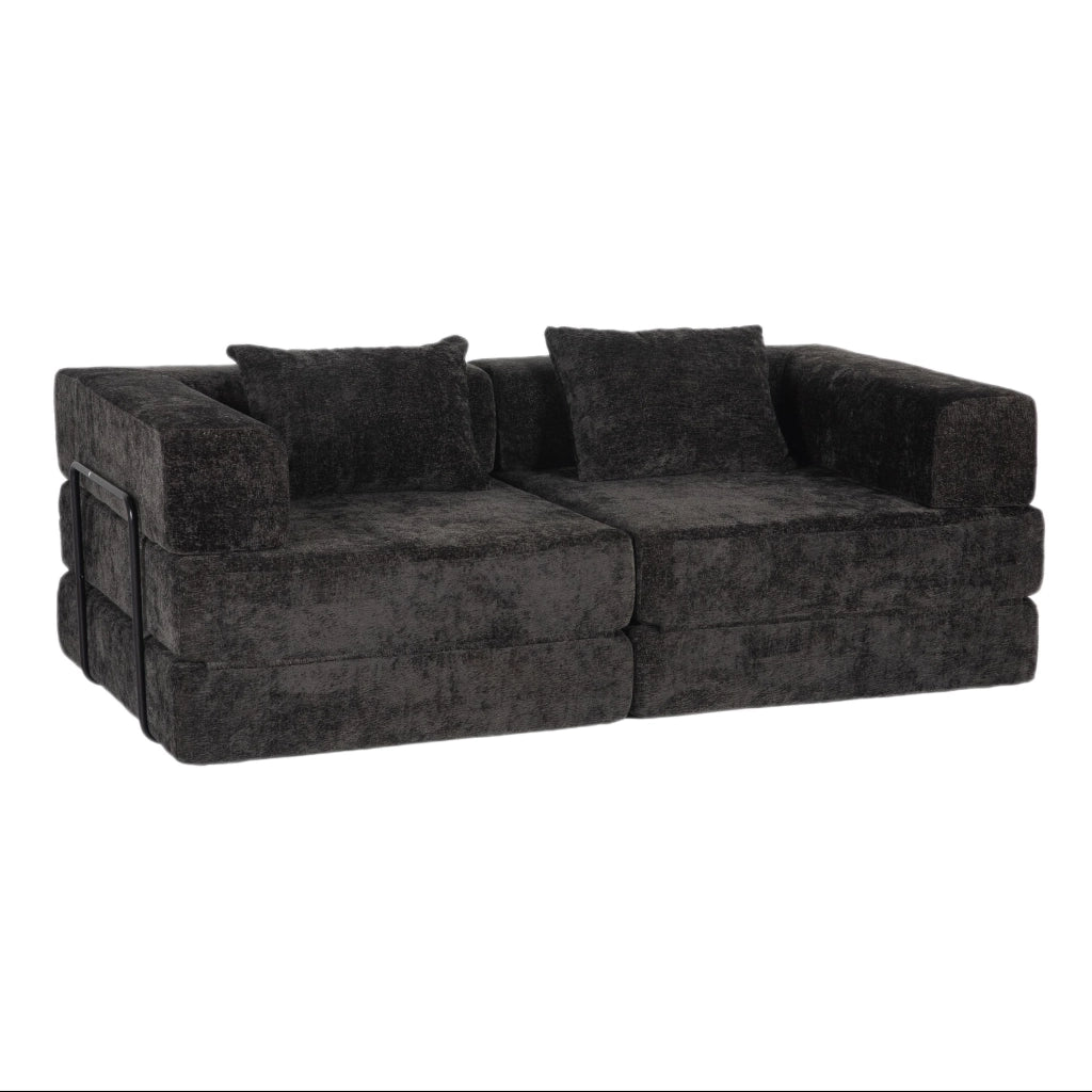 Divano letto convertibile 200x100x63 cm in ciniglia nera salvaspazio