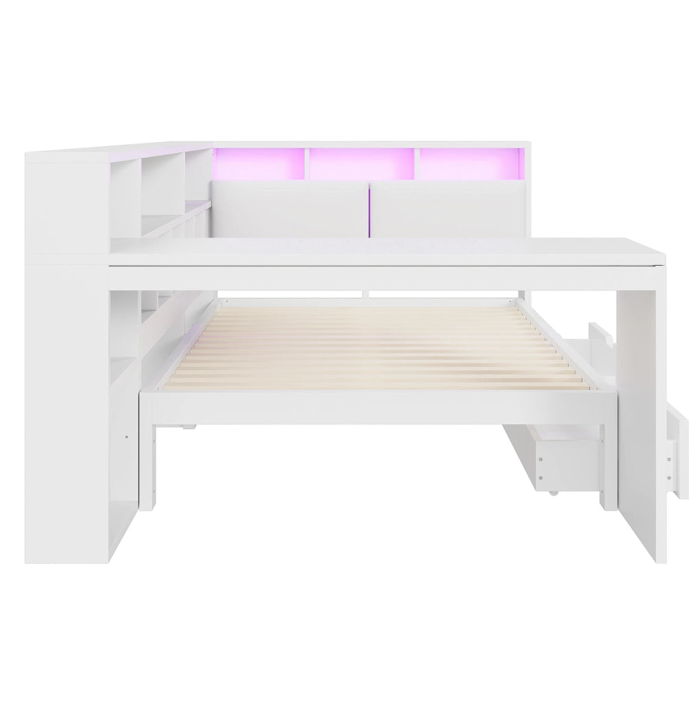 LETTO L con scrivania 140x200 cm Bianco con LED e libreria