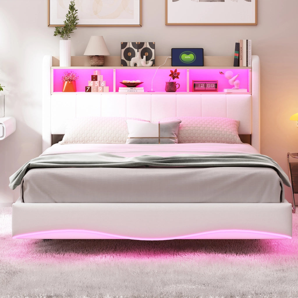 Letto matrimoniale imbottito sospeso 140 × 200 cm con LED USB e tipo C beige in tessuto e metallo