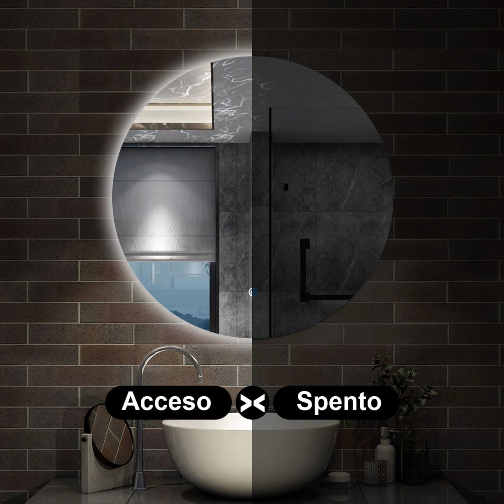 specchio 90 cm rotondo con luce led antiappannamento e touch