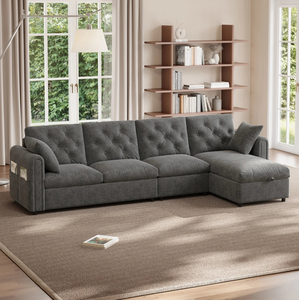 Divano angolare in velluto grigio con funzione letto e vano contenitore