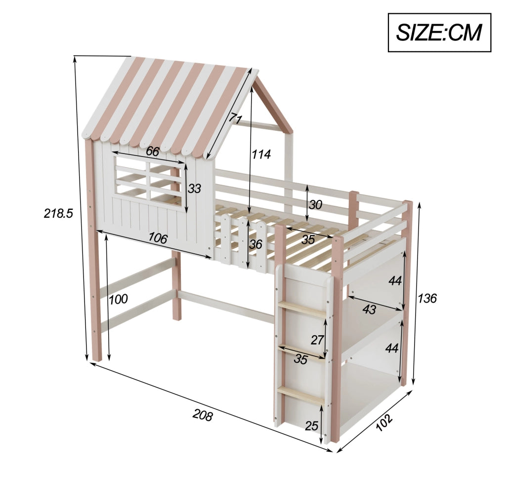 Letto per bambini 90x200 cm in legno massiccio con soppalco e scala di sicurezza rosa