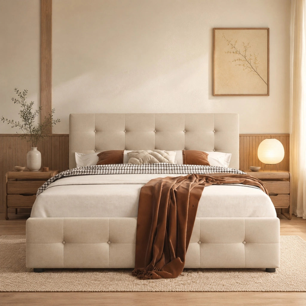 Letto imbottito con 4 cassetti e supporto a doghe; struttura in acciaio; beige