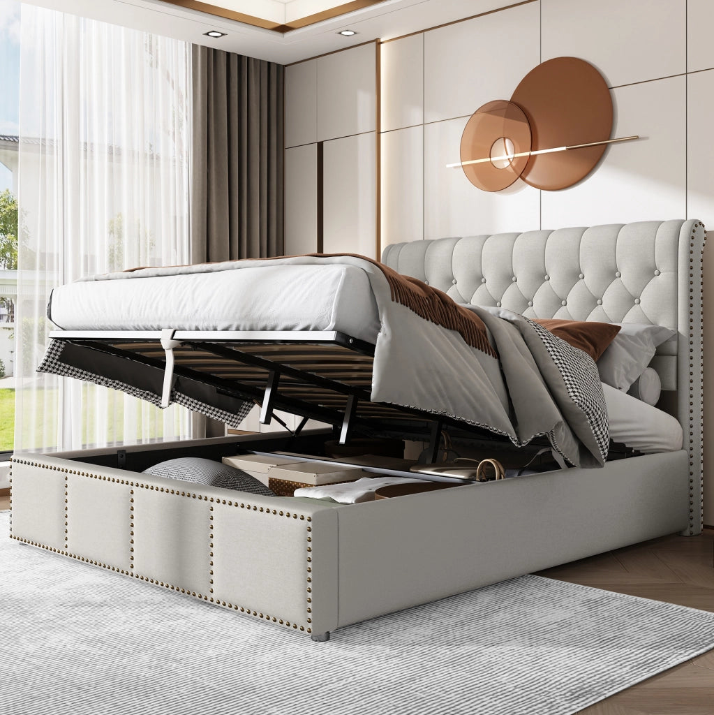 Letto imbottito grigio con contenitore 140 x 200 cm