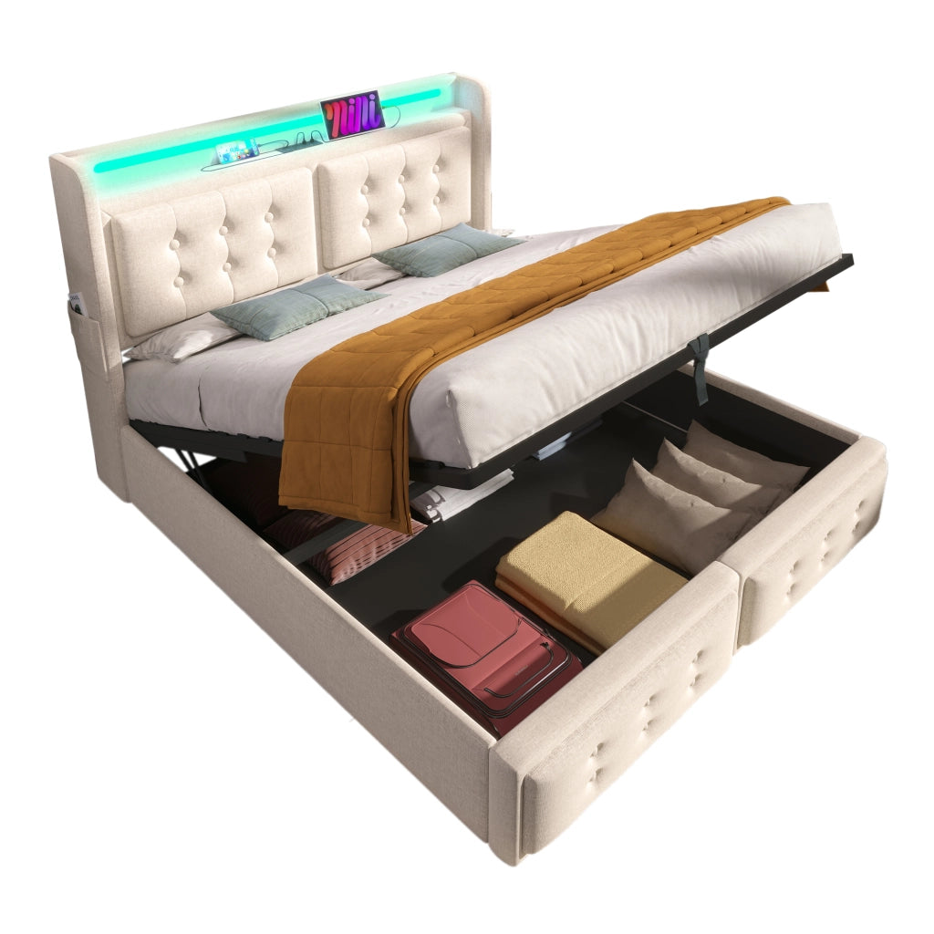 Letto imbottito 180x200 LED USB-C idraulico doghe 300kg beige