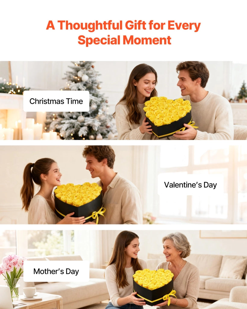 Bouquet di Fiori Eterni con 27 Rose Stabilizzate Heart-27S Scatola a Cuore Giallo per Decorazione Casa