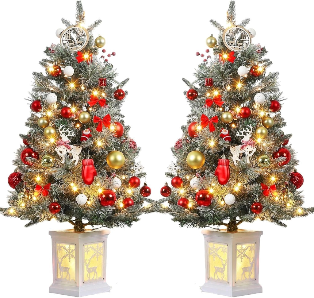 Set 2 Alberi di Natale Innevati 90cm con 78 LED Caldi 8 Funzioni e Base Cervo Luminosa