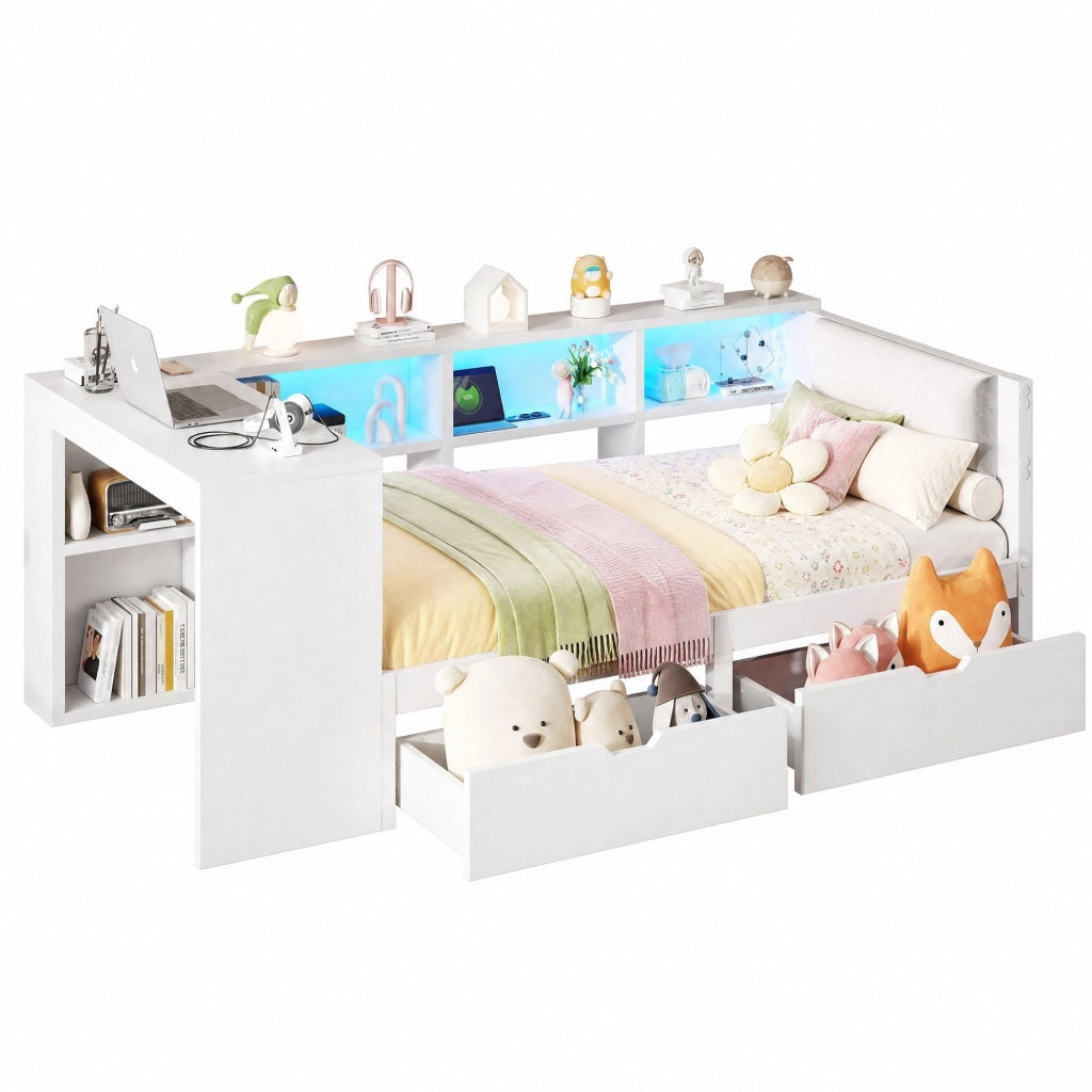 Letto a piattaforma in legno 90x200 cm con cassetti, spazio portaoggetti, stazione di ricarica e testiera imbottita, bianco con luci LED colorate