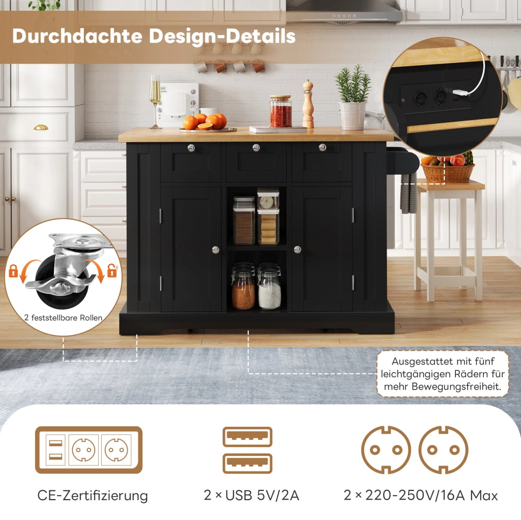 ISOLA DA CUCINA 132x40(70)x87 cm MDF Naturale e Nero con ruote e presa USB