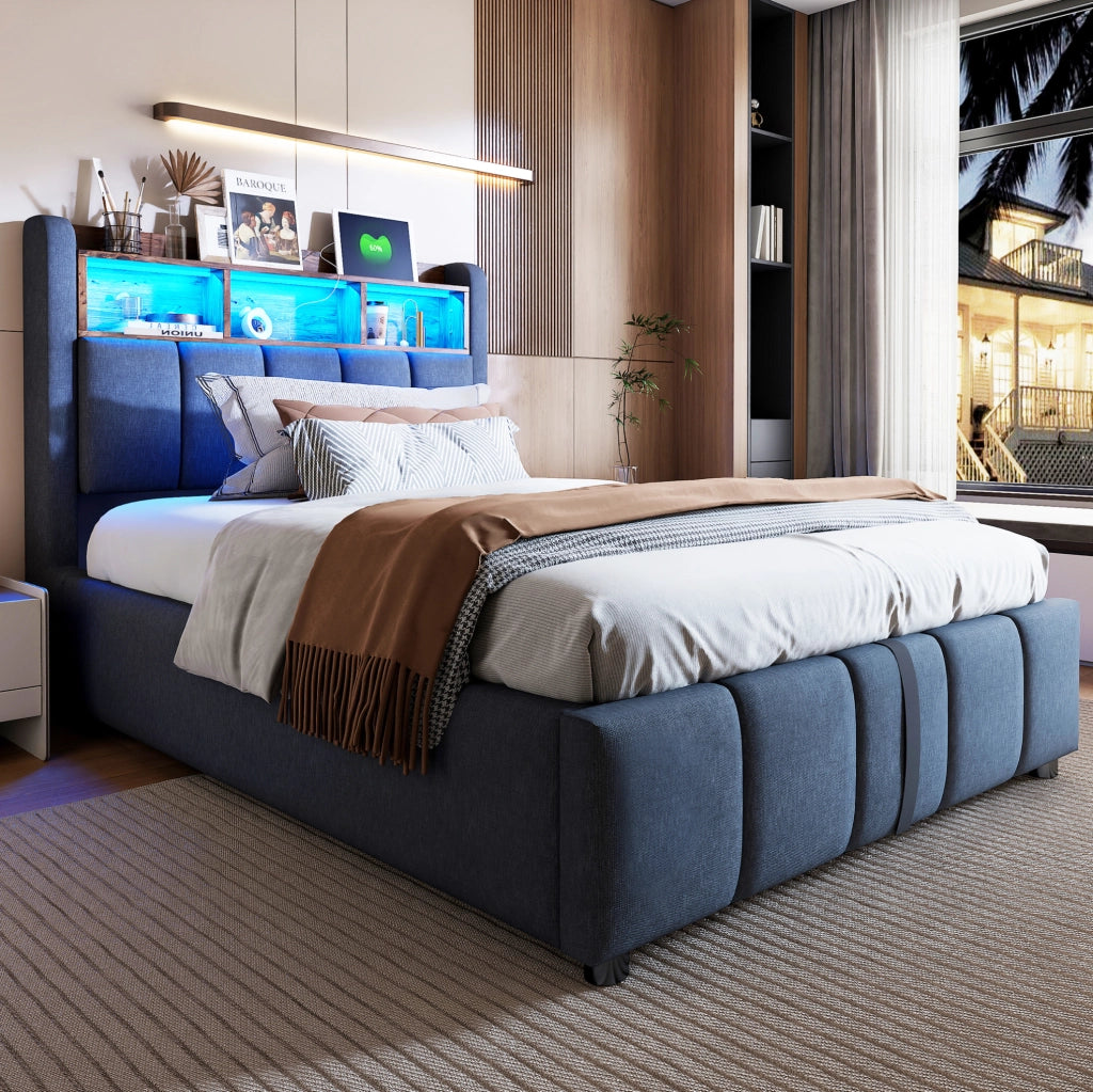 Letto imbottito con LED e porta USB Tipo C, contenitore idraulico 90x200 cm, grigio