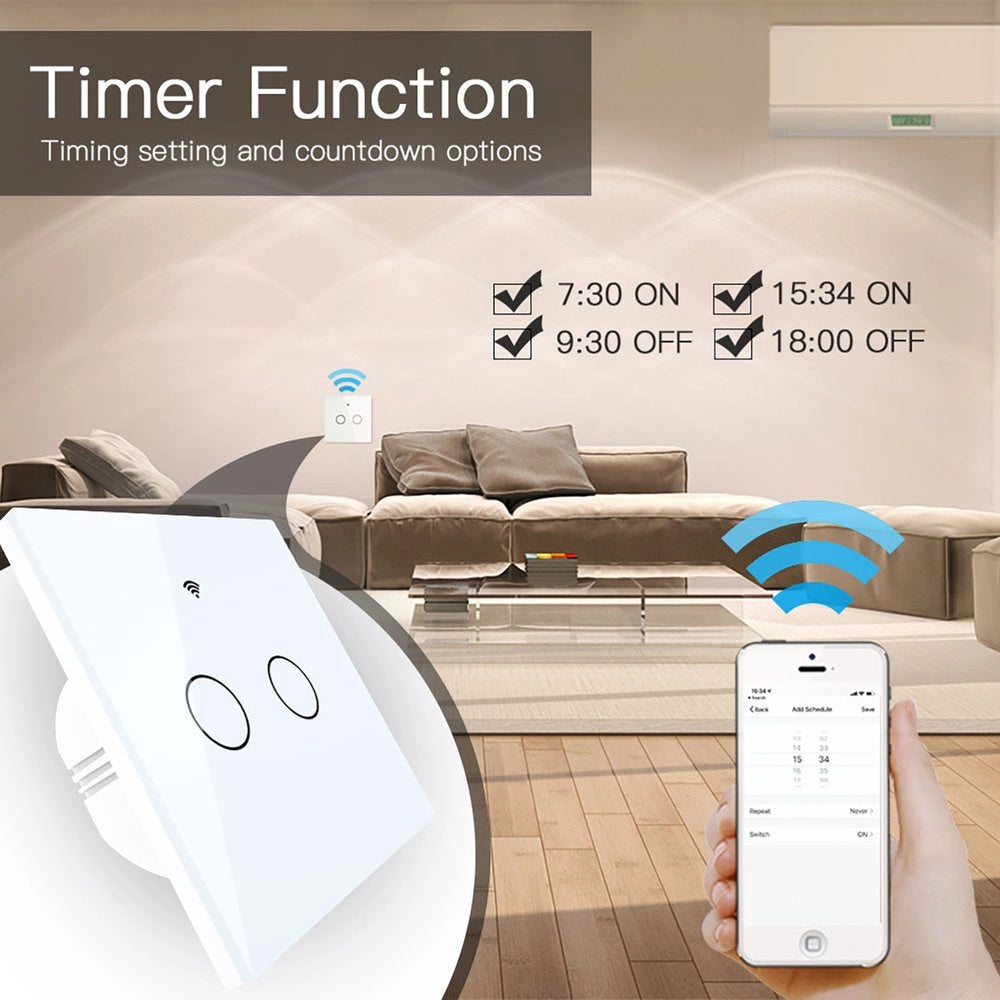 Interruttore Da Parete Touch 2 Tasti, WIFI 2.4G Matter, TUYA, Smart Life,Apple Home, Google Home, Alexa, SmartThings, 10A, AC 90-250V, 50/60HZ, 86X86X30mm, IP20, Bianco