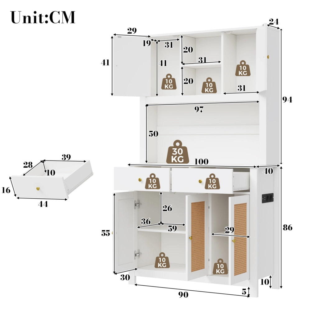 Credenza alta bianca con LED RGB e prese integrate