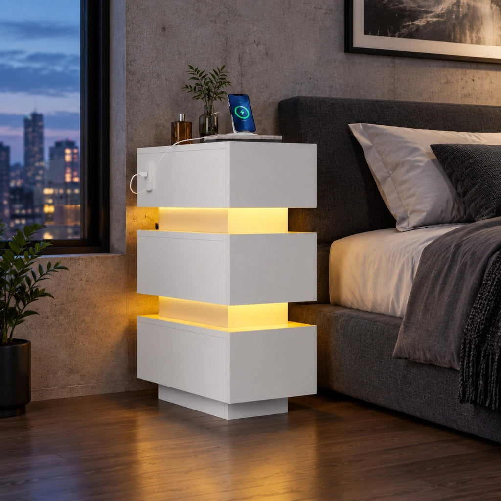Set 2 comodini stretti 20x40x59,5 cm con 3 cassetti, LED e porte USB/Type-C bianchi HAVRYA