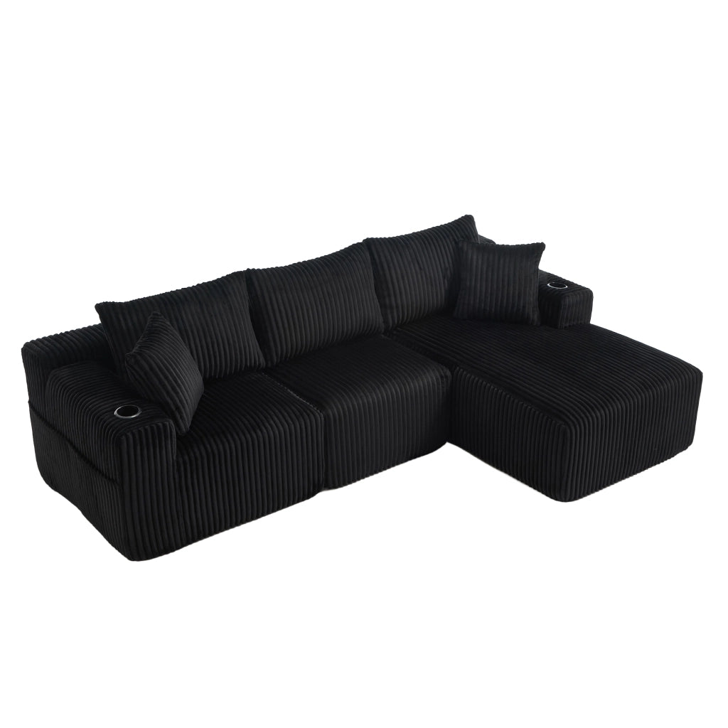 Divano modulare nero con chaise longue e 2 posti in velluto a coste con 5 cuscini portabevande e tasche laterali