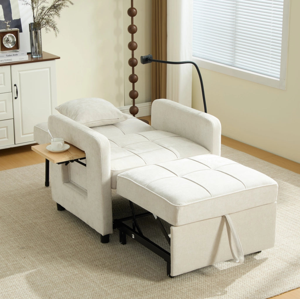 Poltrona letto convertibile 167x79x83 cm in chenille beige con bracciolo portaoggetti