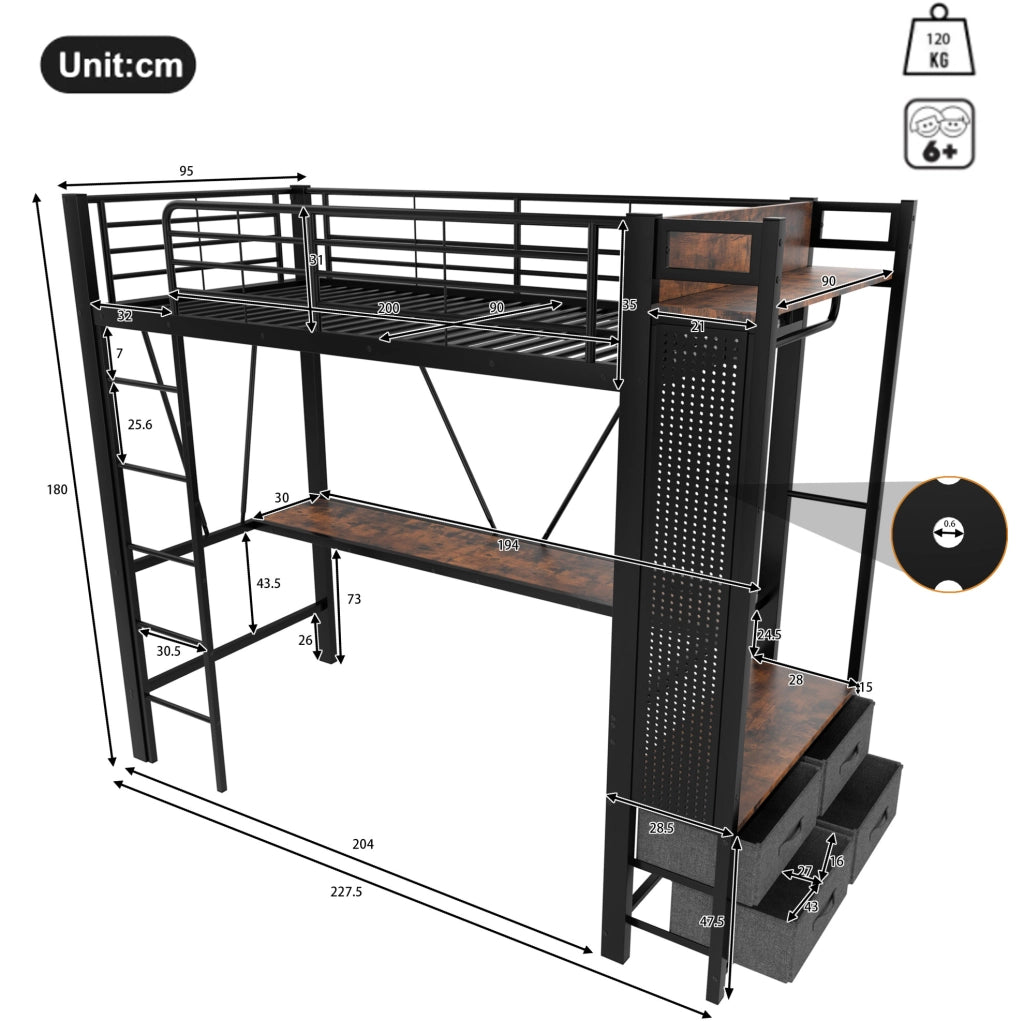 LETTO SOPPALCATO 90x200 cm Nero con scrivania, LED e USB TYPE-C