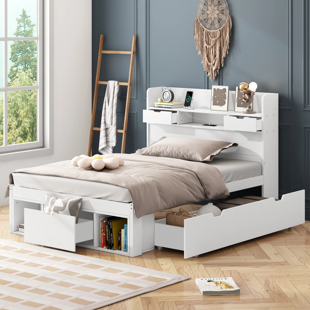 LETTO 90x200 cm Bianco con USB, Type-C, cassetti e vani contenitore