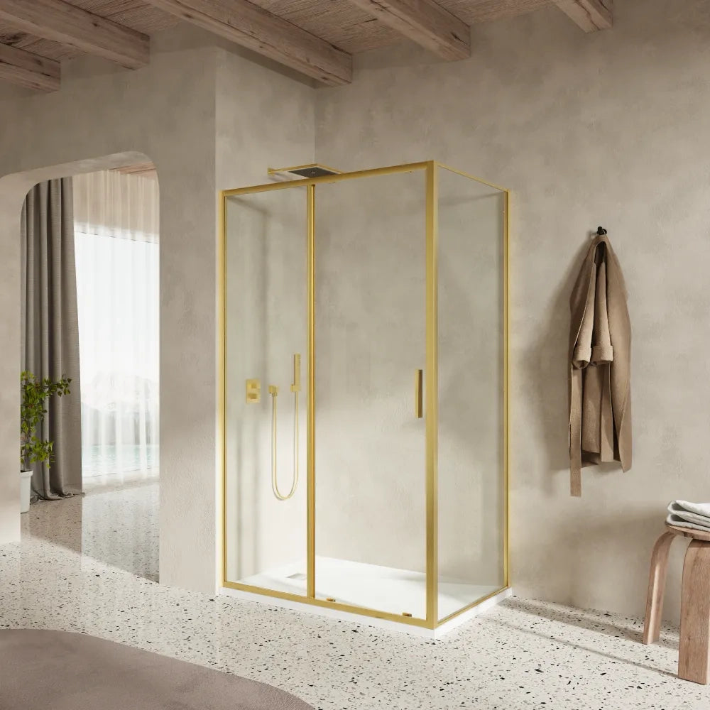 Box doccia slim 90x160cm con porta scorrevole e parete fissa profili oro spazzolato e vetro 6mm trasparente anticalcare h190| Portofino